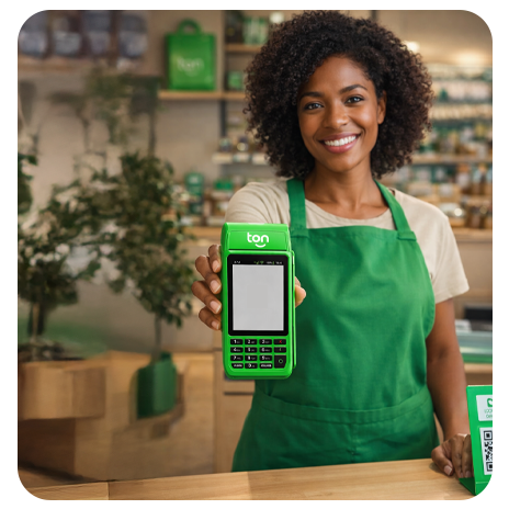 Mulher sorrindo com avental verde segurando maquininha de pagamento Ton em ambiente comercial.