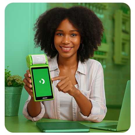 Mulher sorrindo segurando maquininha de pagamento Stone em ambiente de trabalho, com notebook sobre a mesa.