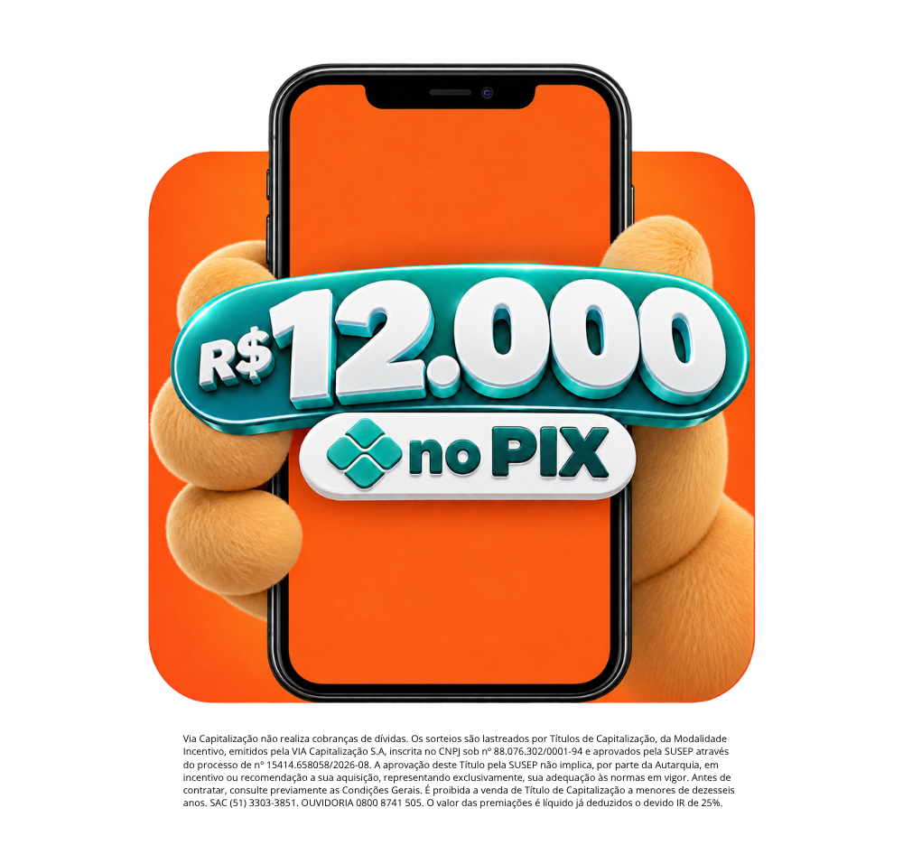 Mão do mascote da QueroQuitar segurando celular, com destaque para PIX de R$12 mil Reias na tela do aparelho.