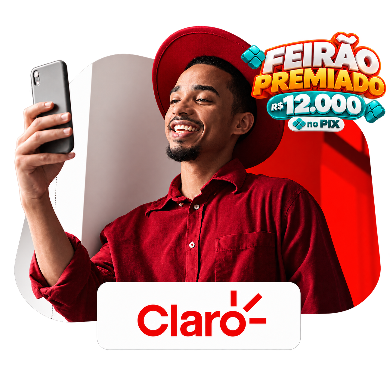 uma homem feliz sorrindo consultando o celular