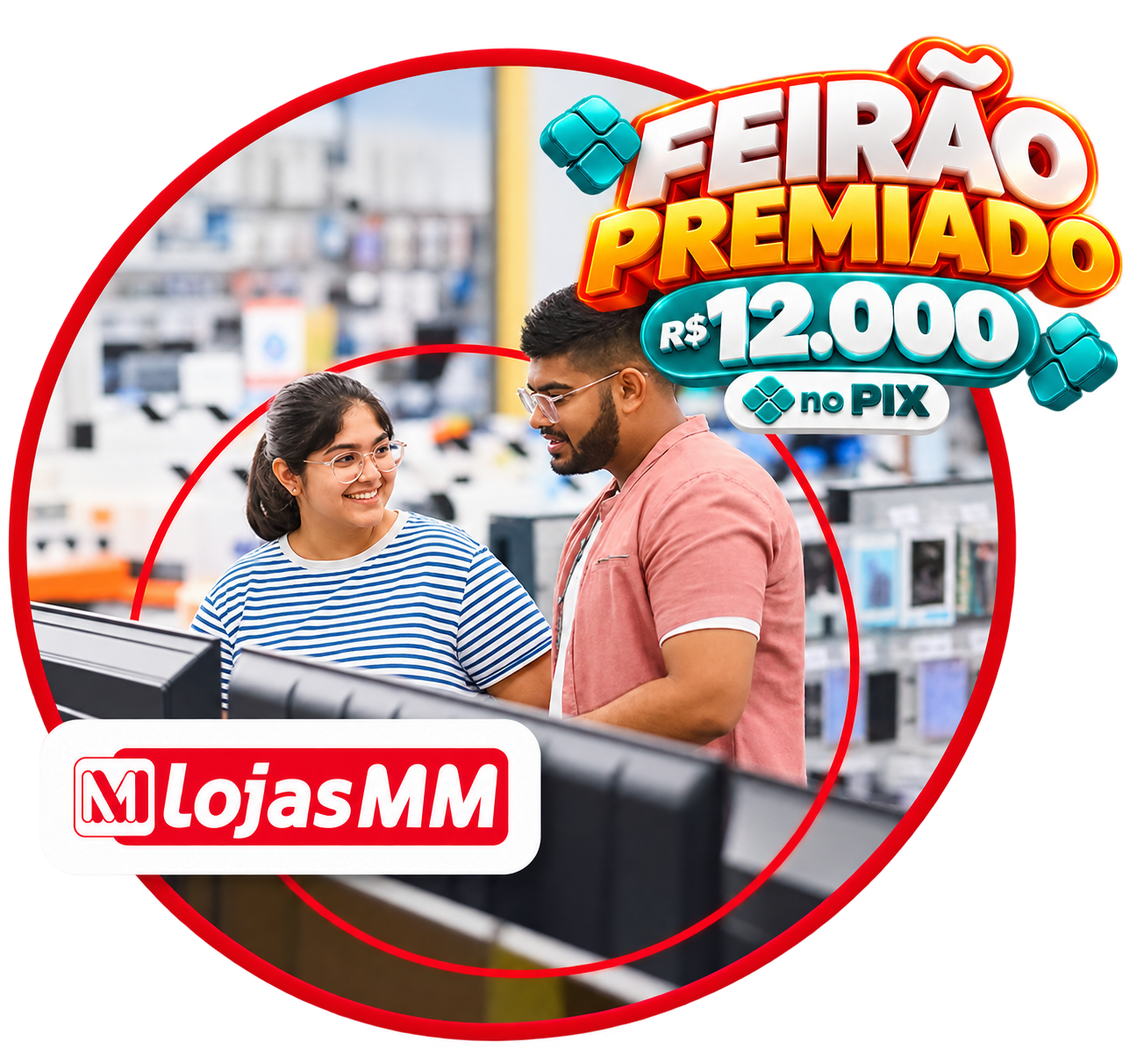 Casal jovem , os dois de óculos, em uma loja de eletrodoméstico MM, olhando um televisor.