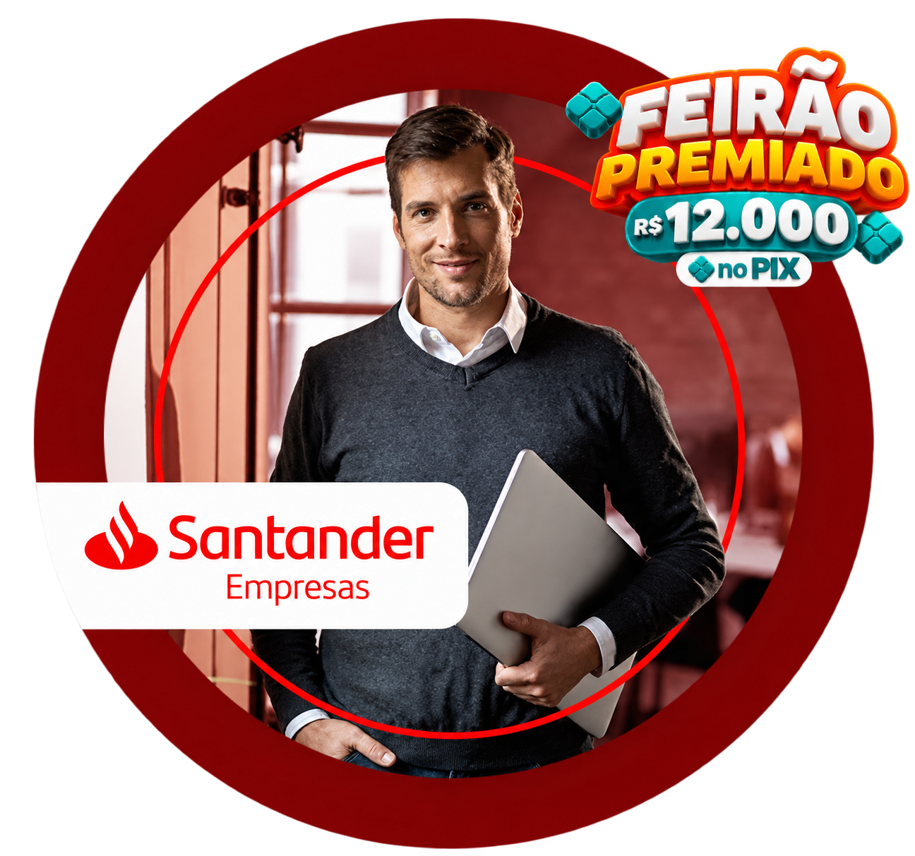 Jovem executivo de camisa com colarinho branco, suéter azul, sorrindo com um notebook embaixo do braço.