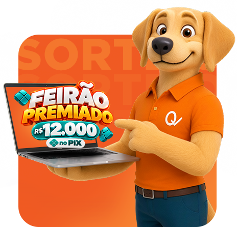 Mascote da QueroQuitar segurando notebook com logo do Feirão Premiado QueroQuitar